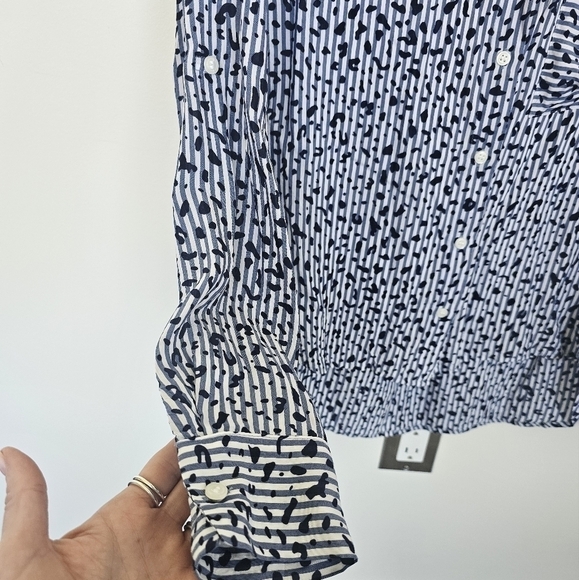 Next White Blue Stripe Splatter Print Roll Tab Sleeve Button Up Blouse Medium - Picture 6 of 13